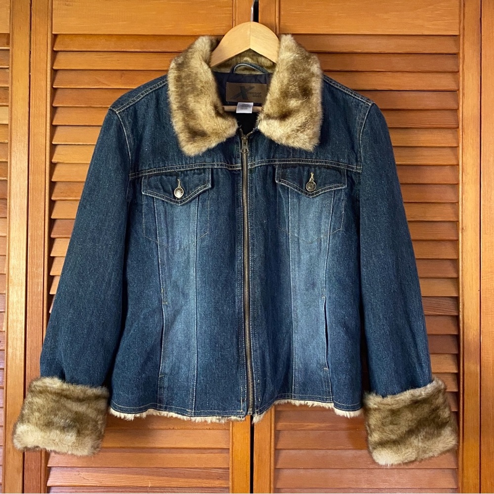 Y2K Vintage Denim Jacket Womens Size Large Faux Fur Trimmed Blue Jean Penny Lane